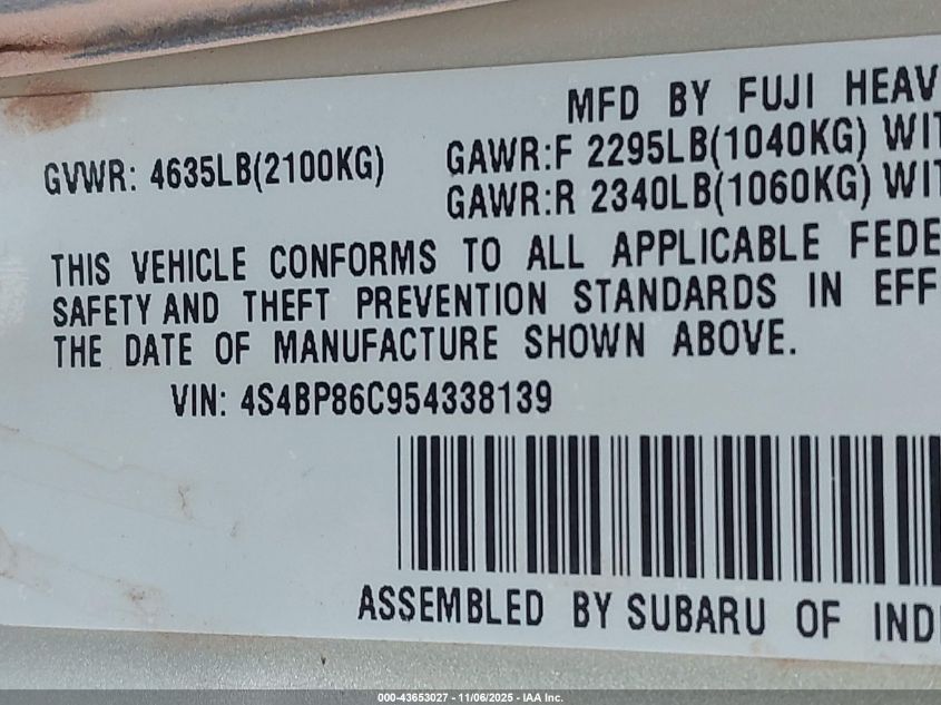 2005 Subaru Outback 3.0R L.l. Bean Edition VIN: 4S4BP86C954338139 Lot: 43653027