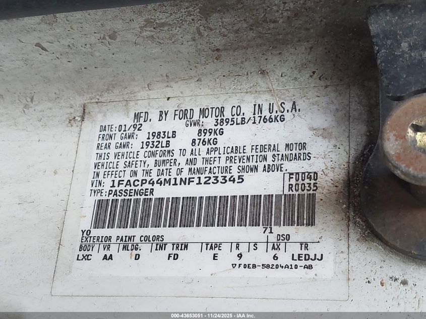 1992 Ford Mustang Lx VIN: 1FACP44M1NF123345 Lot: 43653051