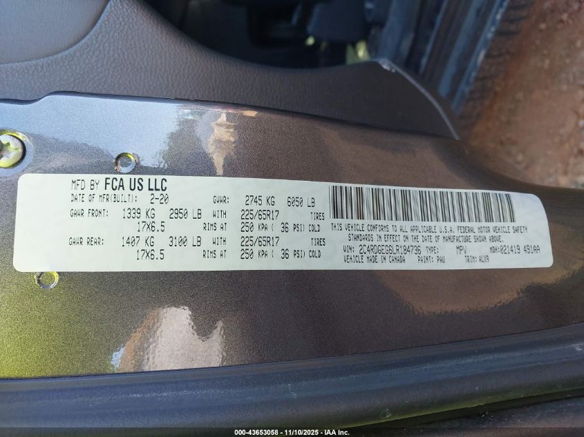 2020 Dodge Grand Caravan Gt VIN: 2C4RDGEG6LR184736 Lot: 43653058