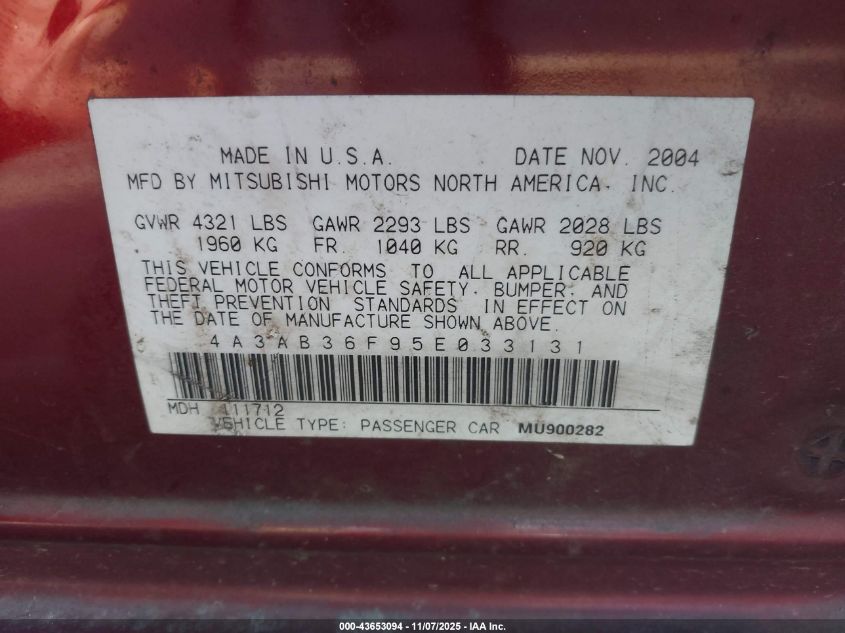 2005 Mitsubishi Galant Es/Se VIN: 4A3AB36F95E033131 Lot: 43653094