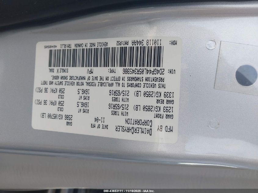 2005 Dodge Grand Caravan Sxt VIN: 2D4GP44L05R345986 Lot: 43653111