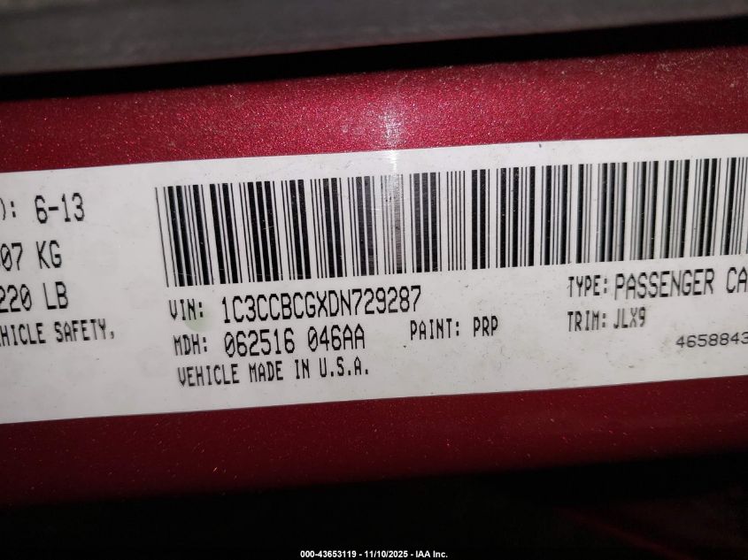 2013 Chrysler 200 Limited VIN: 1C3CCBCGXDN729287 Lot: 43653119