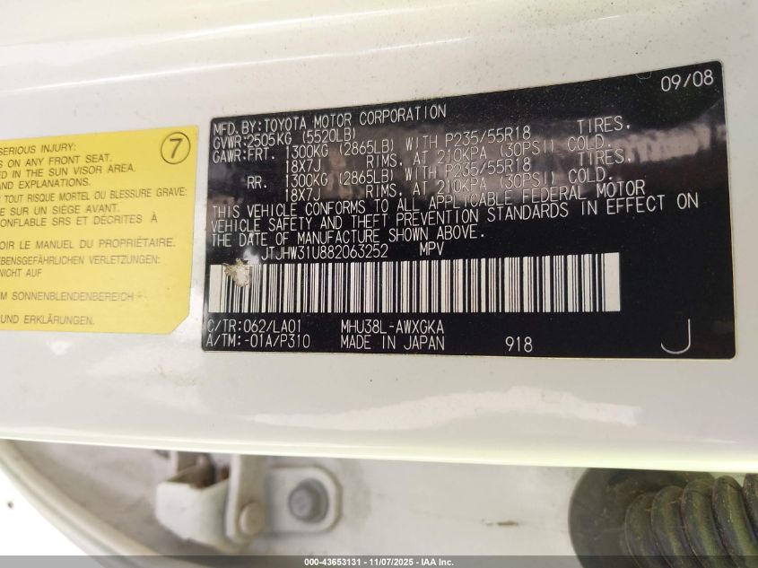 2008 Lexus Rx 400H VIN: JTJHW31U882063252 Lot: 43653131