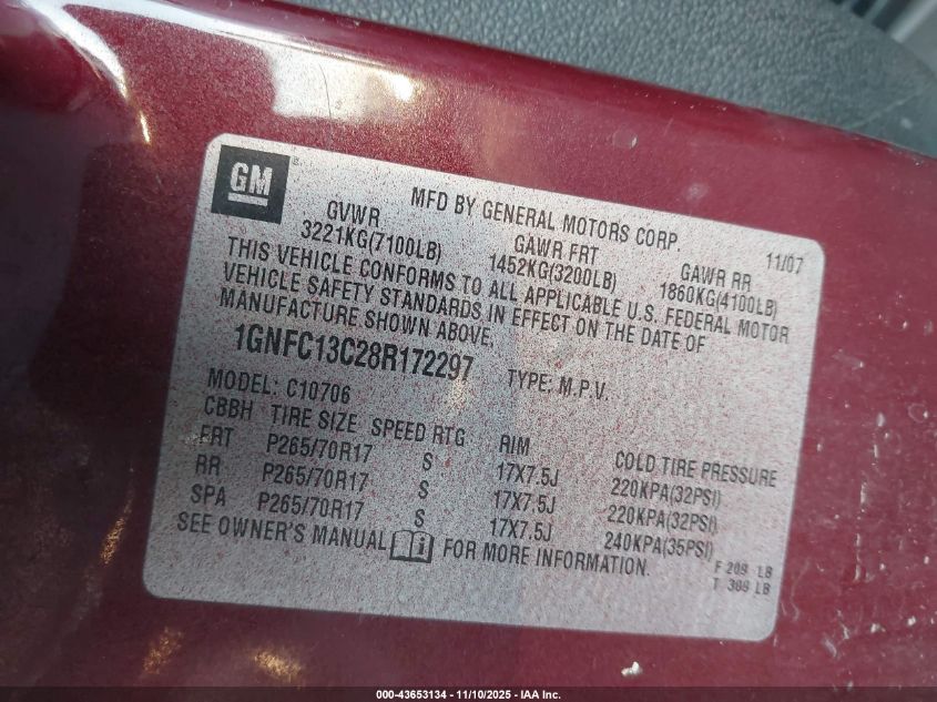 2008 Chevrolet Tahoe Ls VIN: 1GNFC13C28R172297 Lot: 43653134