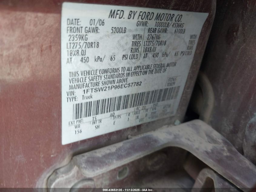 2006 Ford F-250 Lariat/Xl/Xlt VIN: 1FTSW21P96EC57782 Lot: 43653135