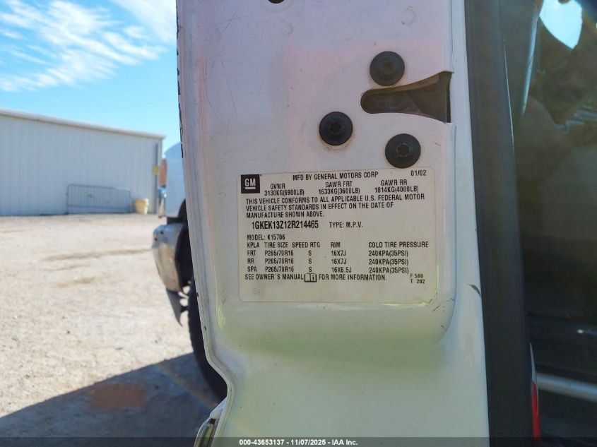 2002 GMC Yukon Sle VIN: 1GKEK13Z12R214465 Lot: 43653137