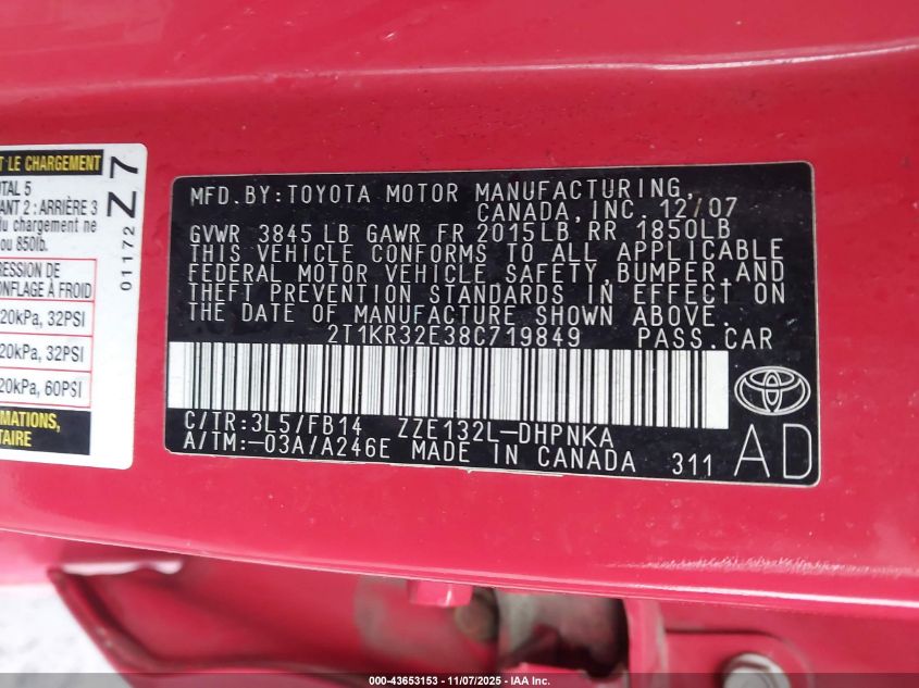 2008 Toyota Matrix Xr VIN: 2T1KR32E38C719849 Lot: 43653153