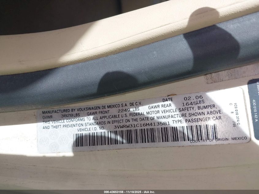 2006 Volkswagen New Beetle 2.5 VIN: 3VWRW31C16M413581 Lot: 43653156