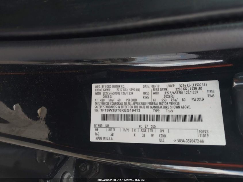 2019 Ford F-350 VIN: 1FT8W3BT6KEG19413 Lot: 43653160
