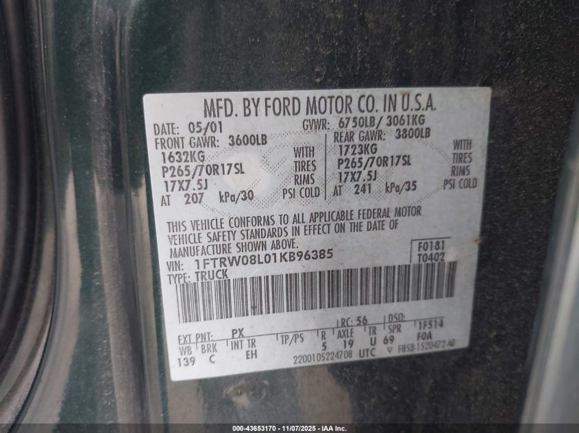 2001 Ford F-150 King Ranch Edition/Lariat/Xlt VIN: 1FTRW08L01KB96385 Lot: 43653170