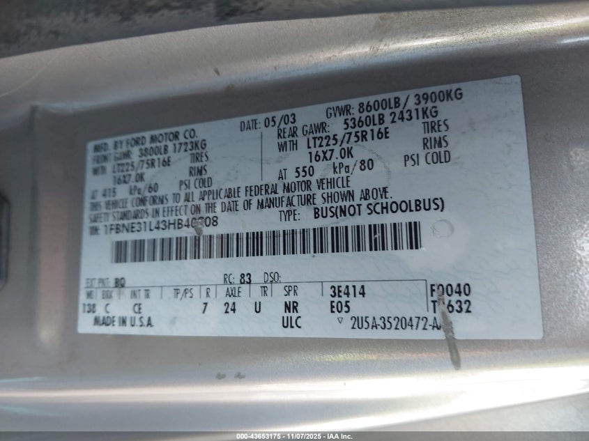 2003 Ford E-350 Super Duty Chateau/Xl/Xlt VIN: 1FBNE31L43HB40208 Lot: 43653175
