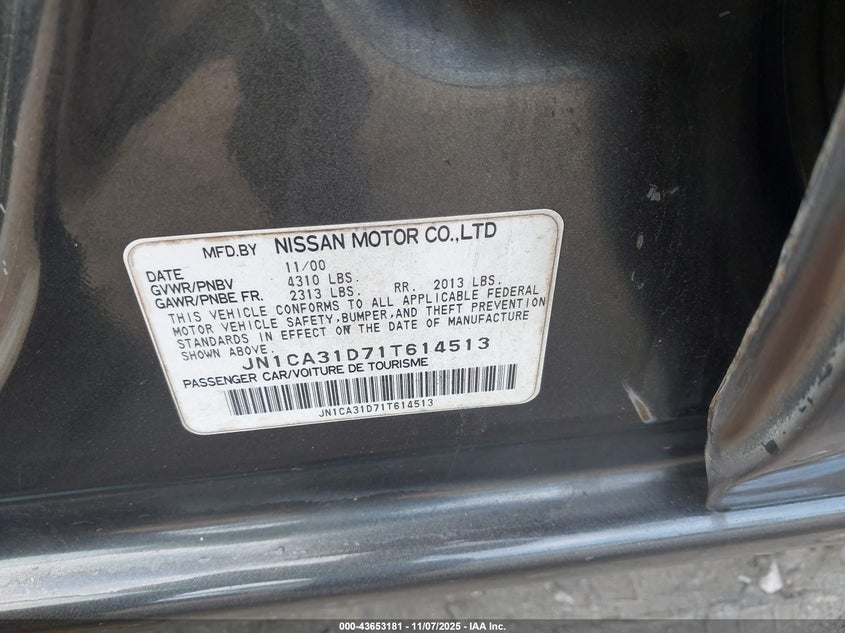 2001 Nissan Maxima Gle VIN: JN1CA31D71T614513 Lot: 43653181