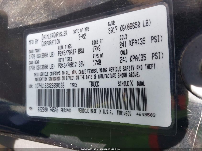 2002 Dodge Ram 1500 St VIN: 1D7HU18ZX2S650192 Lot: 43653190