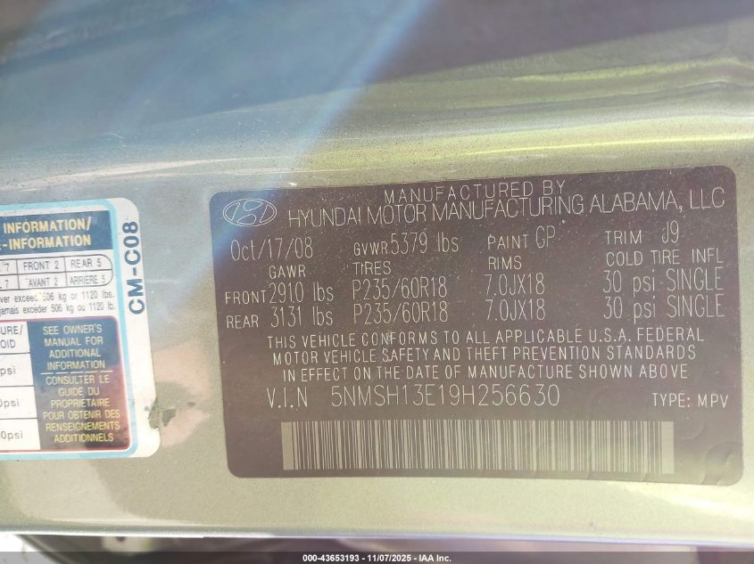 2009 Hyundai Santa Fe Se VIN: 5NMSH13E19H256630 Lot: 43653193