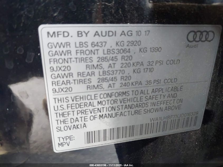 2018 Audi Q7 2.0T Premium VIN: WA1LHBF7XJD016328 Lot: 43653196