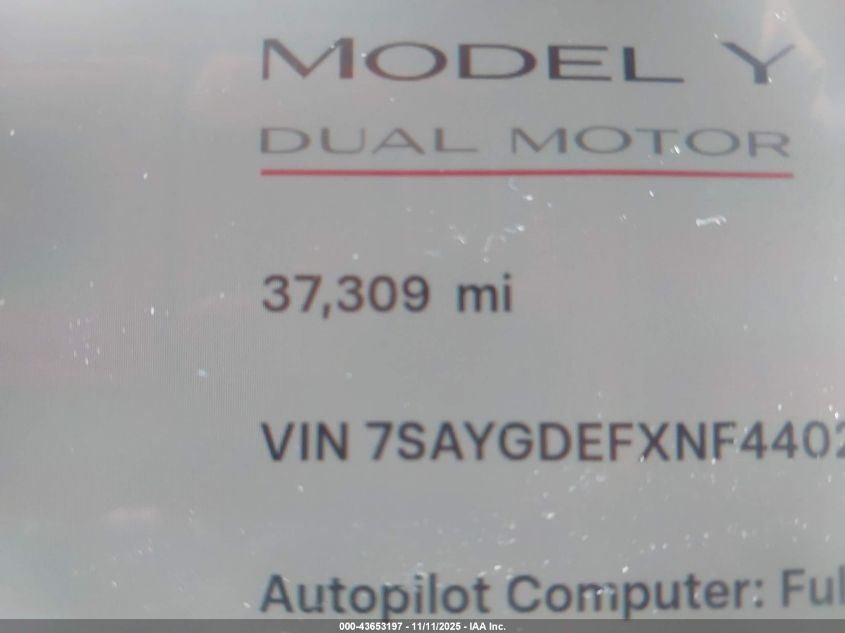 2022 Tesla Model Y Performance Dual Motor All-Wheel Drive VIN: 7SAYGDEFXNF440239 Lot: 43653197