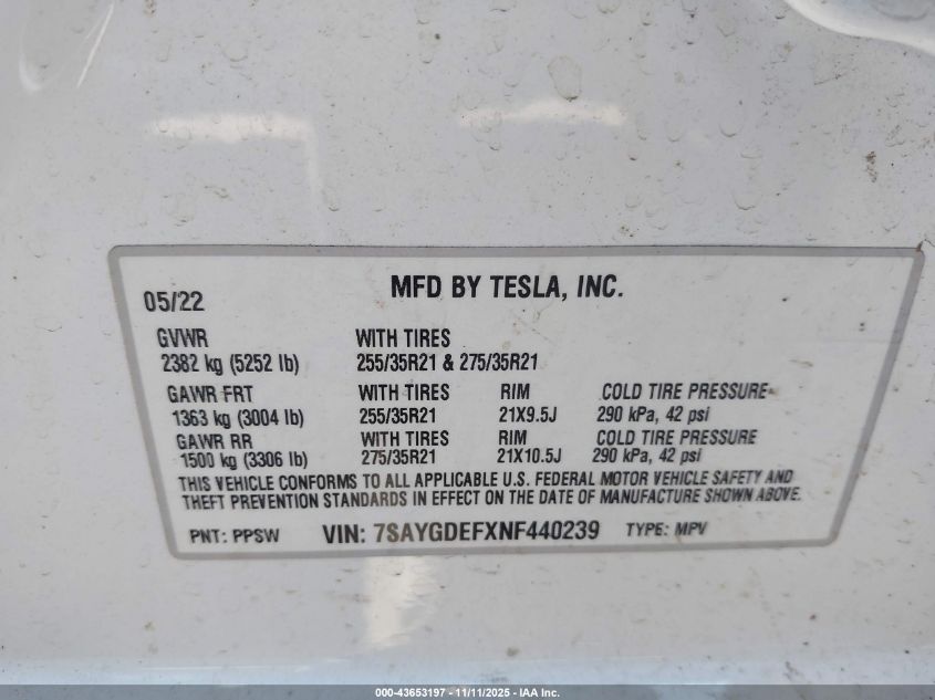 2022 Tesla Model Y Performance Dual Motor All-Wheel Drive VIN: 7SAYGDEFXNF440239 Lot: 43653197