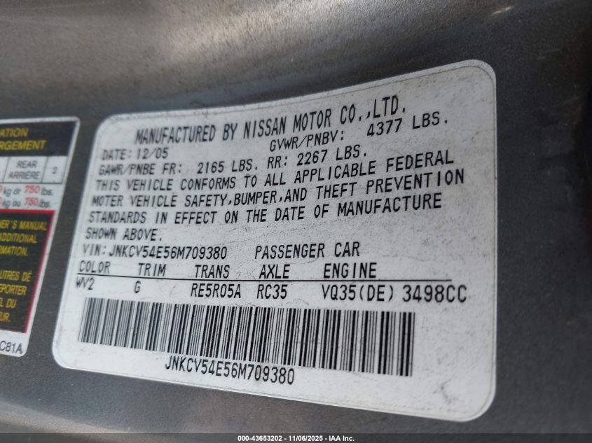 2006 Infiniti G35 VIN: JNKCV54E56M709380 Lot: 43653202