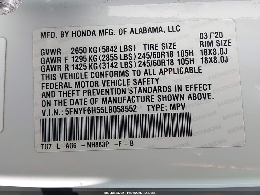 2020 HONDA PILOT AWD EX-L - 5FNYF6H55LB058552