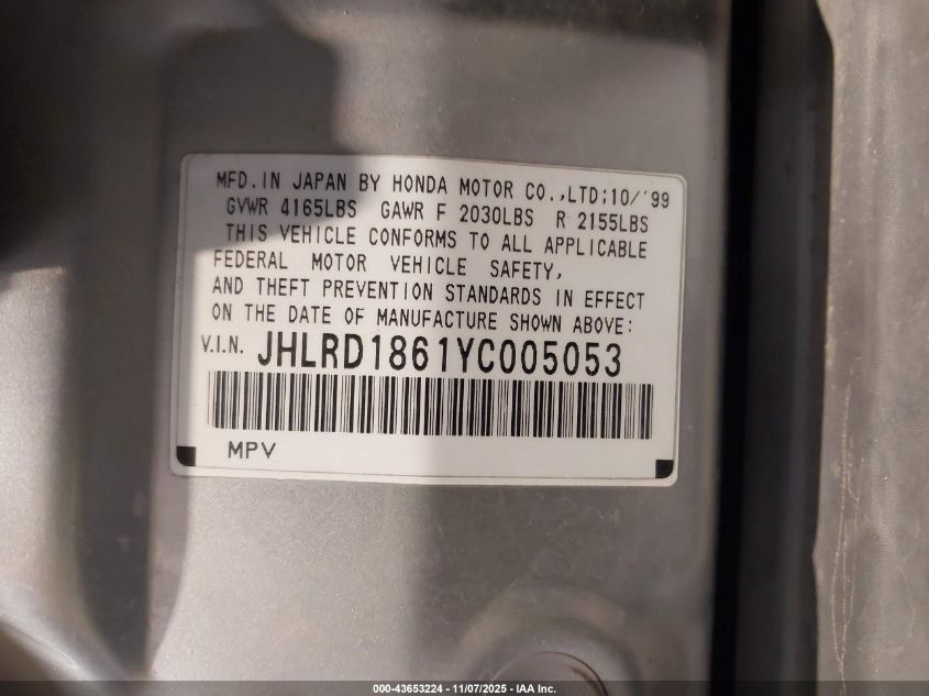 2000 Honda Cr-V Ex VIN: JHLRD1861YC005053 Lot: 43653224