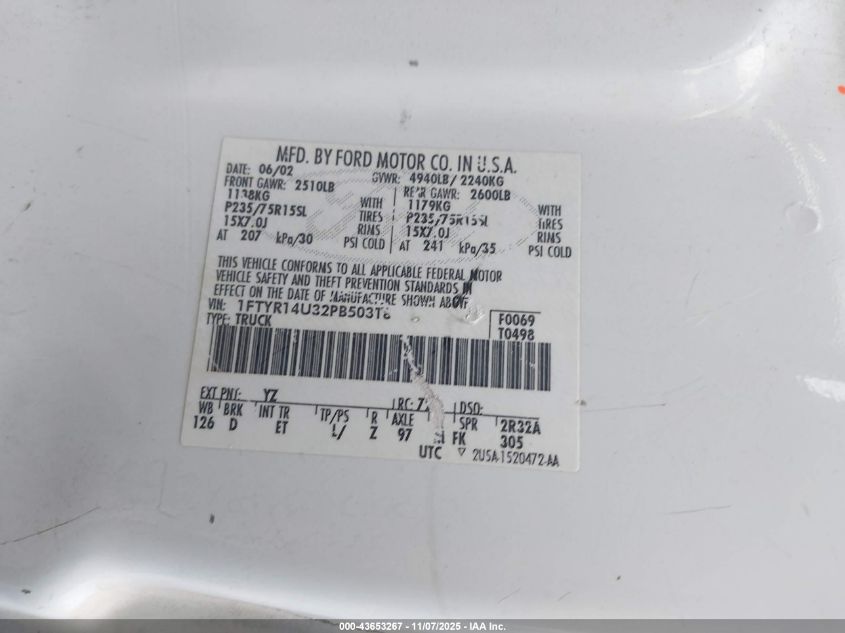 2002 Ford Ranger Edge/Tremor/Xl/Xlt VIN: 1FTYR14U32PB50318 Lot: 43653267