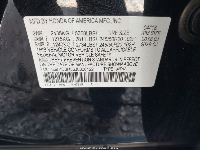 2018 Acura Mdx Technology Package Acurawatch Plus Pkg VIN: 5J8YD3H56JL008422 Lot: 43653275