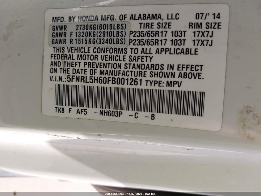 2015 HONDA ODYSSEY EX-L - 5FNRL5H60FB001261