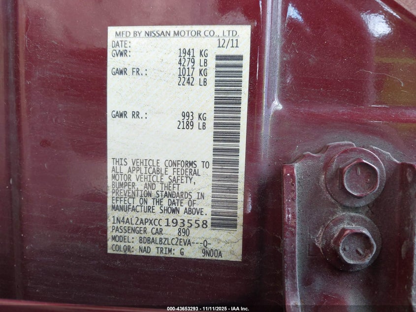 2012 Nissan Altima 2.5 S VIN: 1N4AL2APXCC193558 Lot: 43653293