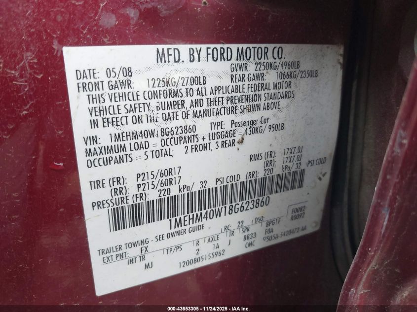 2008 Mercury Sable VIN: 1MEHM40W18G623860 Lot: 43653305