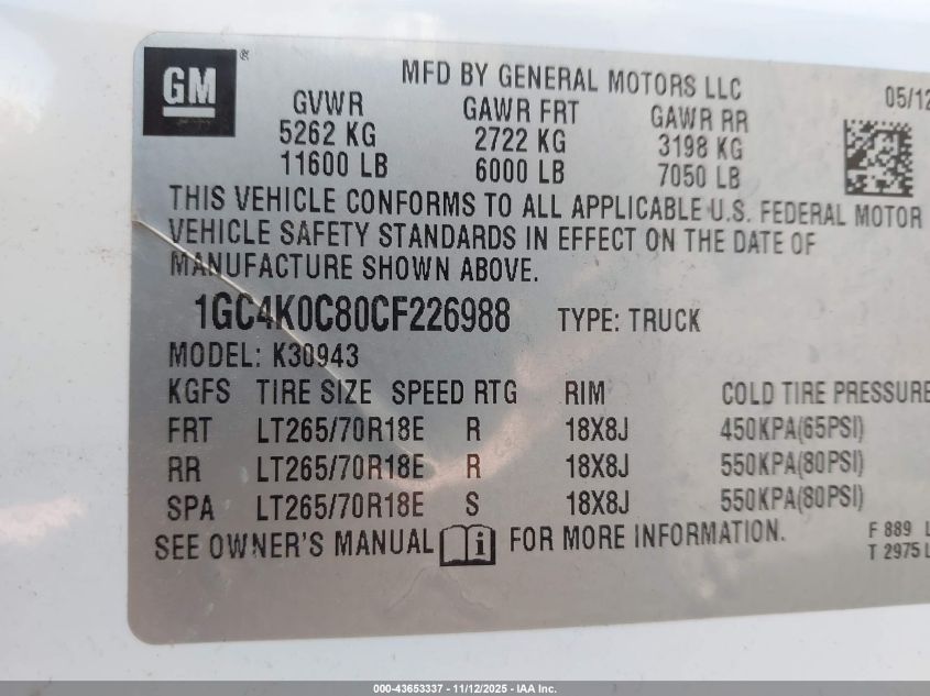 2012 Chevrolet Silverado 3500Hd Lt VIN: 1GC4K0C80CF226988 Lot: 43653337