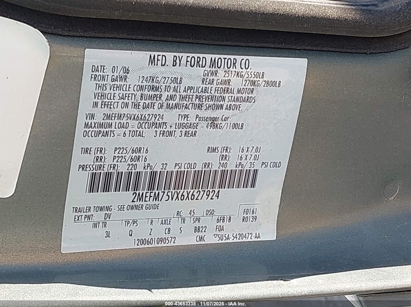 2006 Mercury Grand Marquis Ls VIN: 2MEFM75VX6X627924 Lot: 43653338