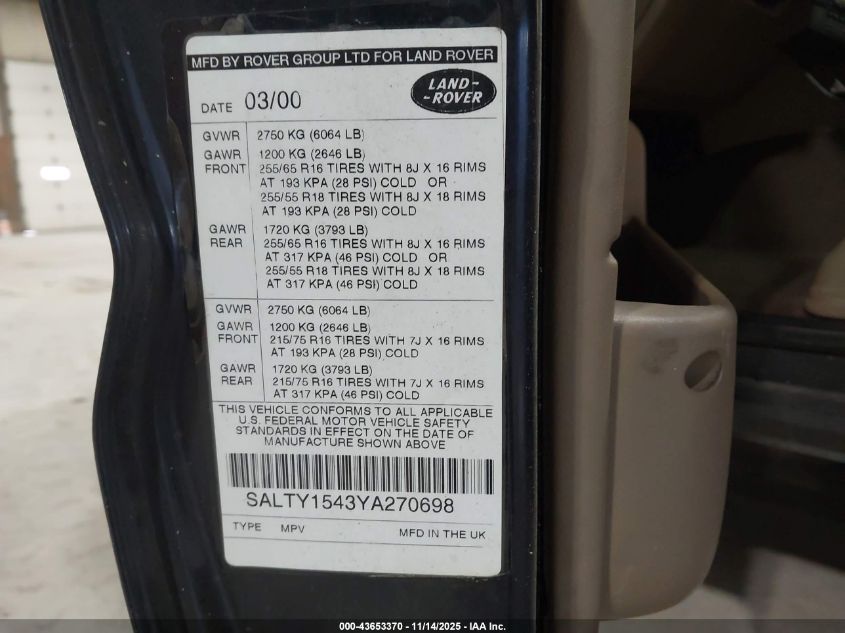 2000 Land Rover Discovery Series Ii Cloth/Series Ii Leather VIN: SALTY1543YA270698 Lot: 43653370