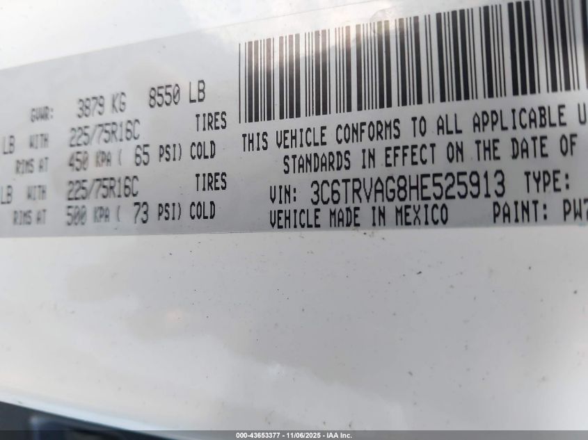 2017 Ram Promaster 1500 VIN: 3C6TRVAG8HE525913 Lot: 43653377