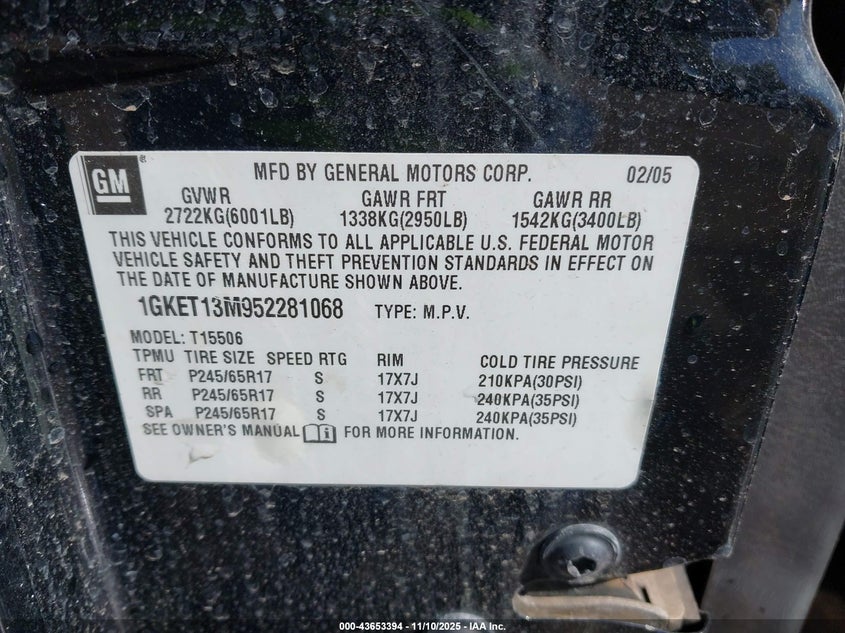 1GKET13M952281068 2005 GMC ENVOY photo no. 9