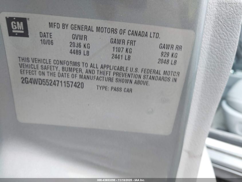 2007 Buick Lacrosse Cxl VIN: 2G4WD552471157420 Lot: 43653398