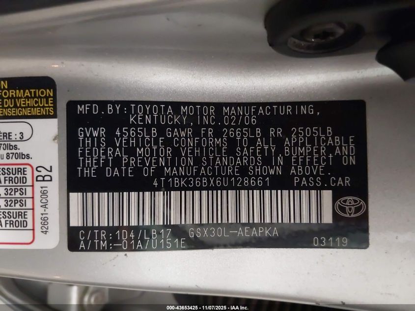 2006 Toyota Avalon Limited VIN: 4T1BK36BX6U128661 Lot: 43653425