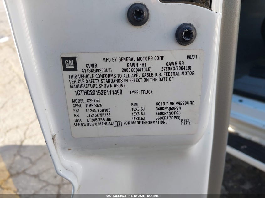 2002 GMC Sierra 2500Hd Sle VIN: 1GTHC29152E111490 Lot: 43653436