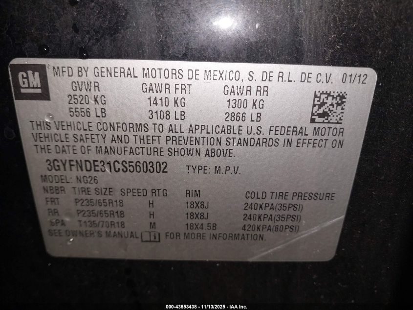 2012 Cadillac Srx Luxury Collection VIN: 3GYFNDE31CS560302 Lot: 43653438