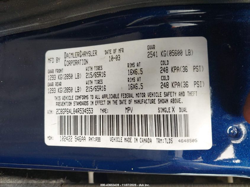 2004 Chrysler Town & Country Limited VIN: 2C8GP64L84R534553 Lot: 43653439