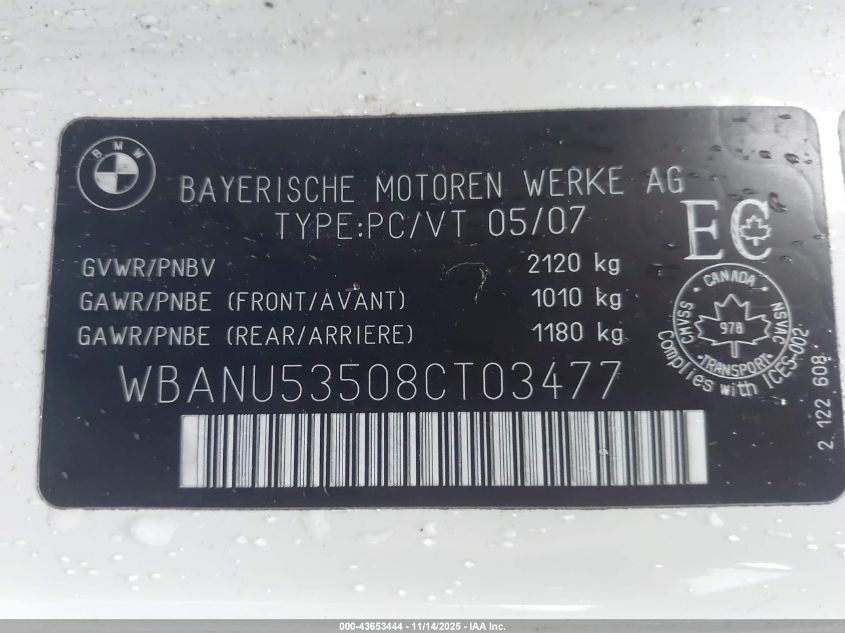 2008 BMW 528I VIN: WBANU53508CT03477 Lot: 43653444