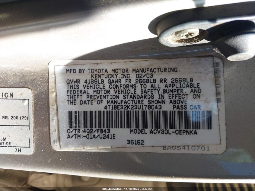 2003 Toyota Camry Le VIN: 4T1BE32K23U178043 Lot: 43653456