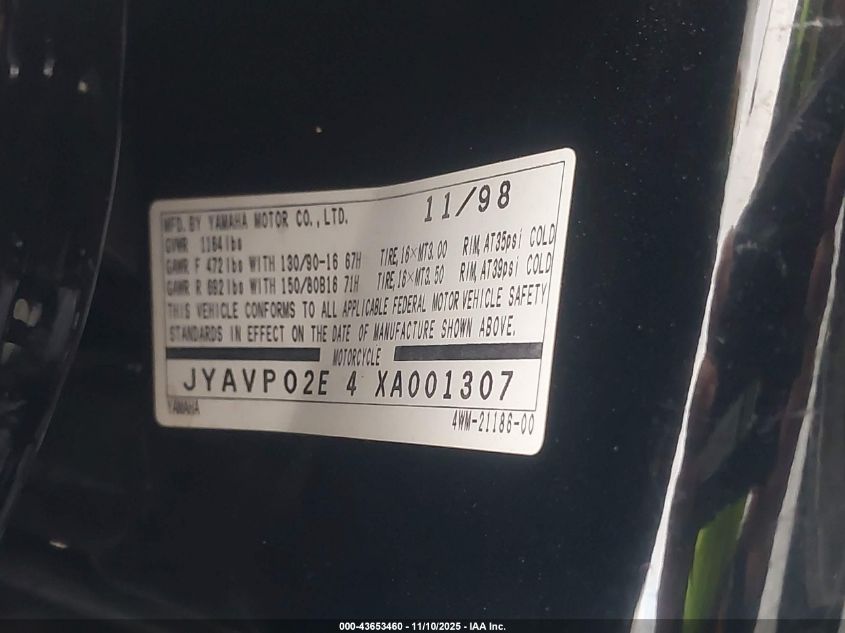 1999 Yamaha Xv1600 Al VIN: JYAVP02E4XA001307 Lot: 43653460