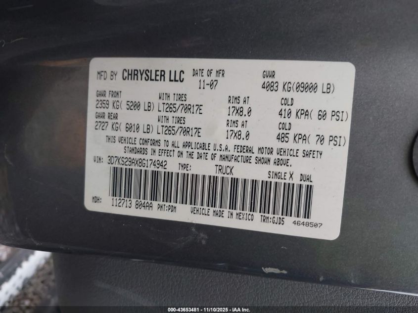 2008 Dodge Ram 2500 Laramie VIN: 3D7KS29AX8G174942 Lot: 43653481