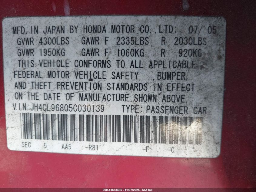 2005 Acura Tsx VIN: JH4CL96805C030139 Lot: 43653485