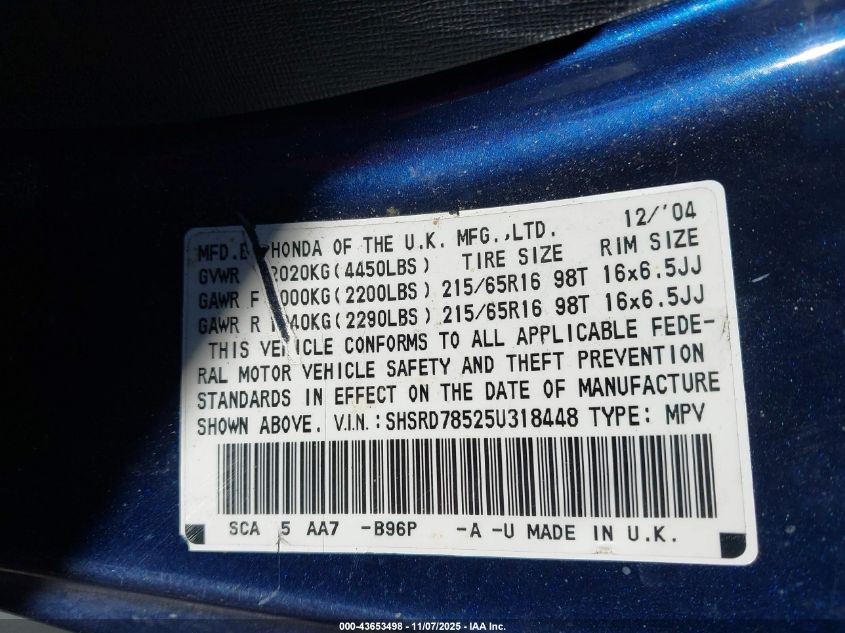 2005 Honda Cr-V Lx VIN: SHSRD78525U318448 Lot: 43653498