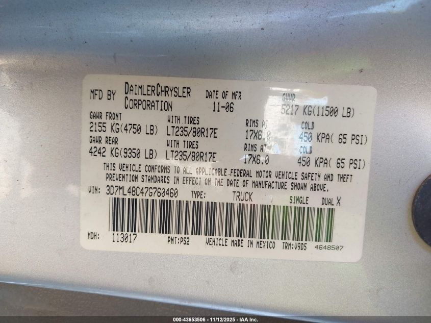 2007 Dodge Ram 3500 Slt/Sport VIN: 3D7ML48C47G760460 Lot: 43653506