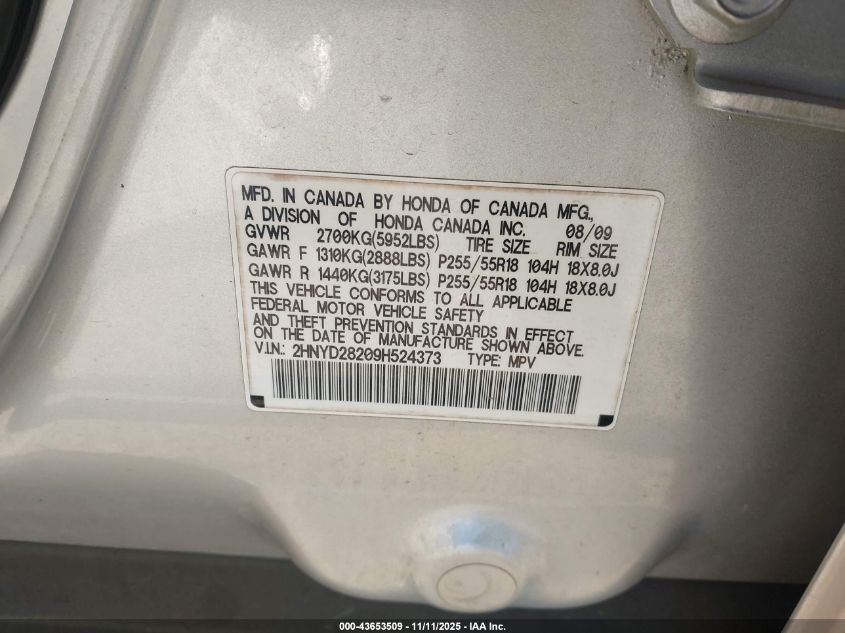 2009 Acura Mdx VIN: 2HNYD28209H524373 Lot: 43653509