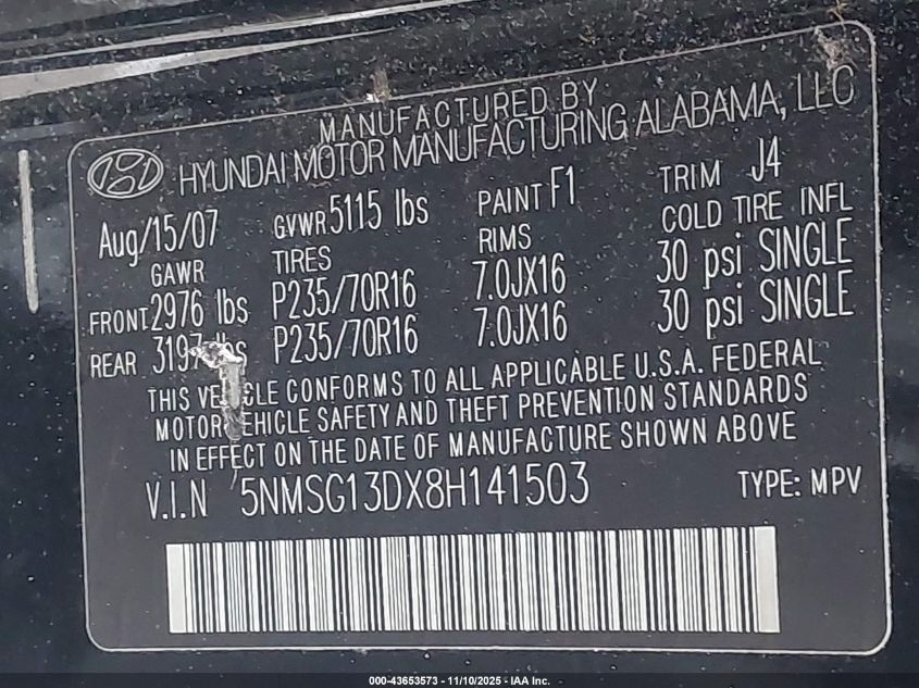 2008 Hyundai Santa Fe Gls VIN: 5NMSG13DX8H141503 Lot: 43653573