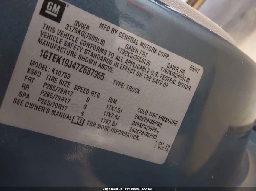 2007 GMC Sierra 1500 Sle1 VIN: 1GTEK19J47Z637965 Lot: 43653589