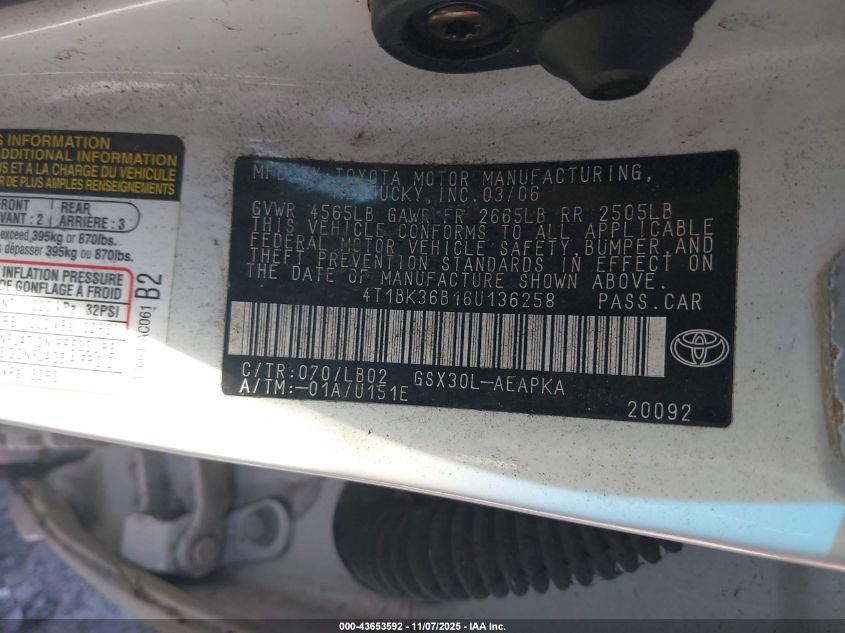 2006 Toyota Avalon Limited VIN: 4T1BK36B16U136258 Lot: 43653592